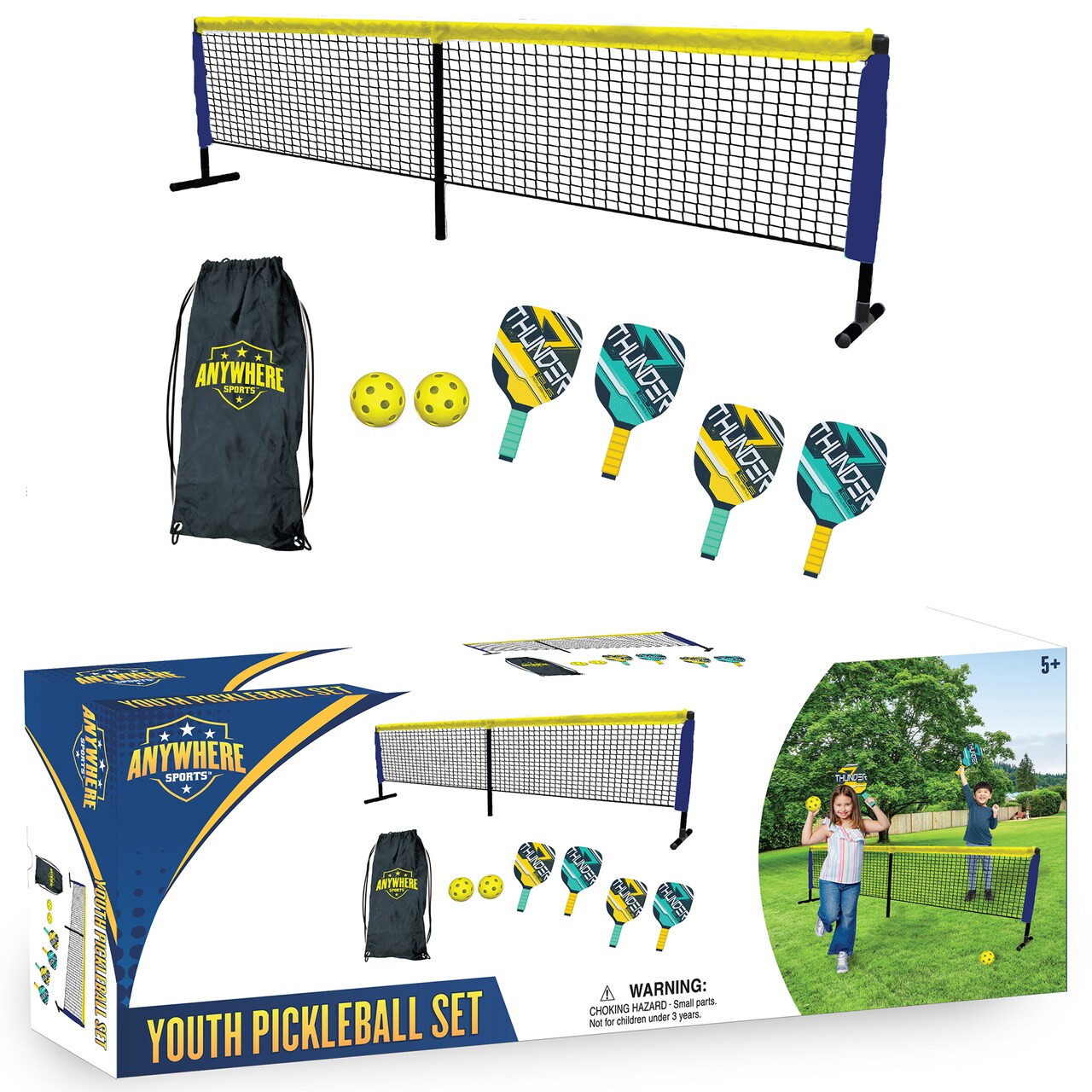 Anywhere Sports: Youth Pickleball Set - 8pc Ultimate Game Play Kit, 8' Half Court Net, Paddles-Balls-Carry Bag, Padded Handle, Easy To Grip, Kids 5+